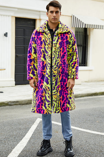 Colorful Leopard Open Front Long Faux Fur Winter Men's Coat